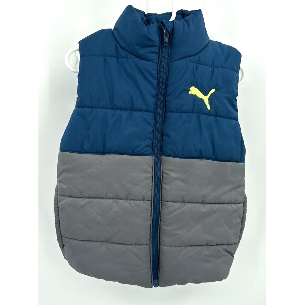 PUMA ZIP FRONT PUFFER VEST Toddler‎ Boy Size XXS 3-4 Grey And Blue/Green